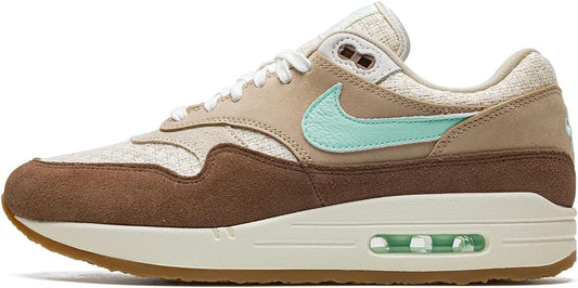 Nike Air Max 1 PRM sneaker in tan, brown suede and mint accents, side Swoosh and laces