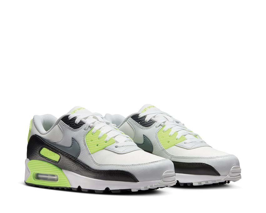 Pair of men's Nike Air Max 90 GTX shoes, white uppers with neon green and black