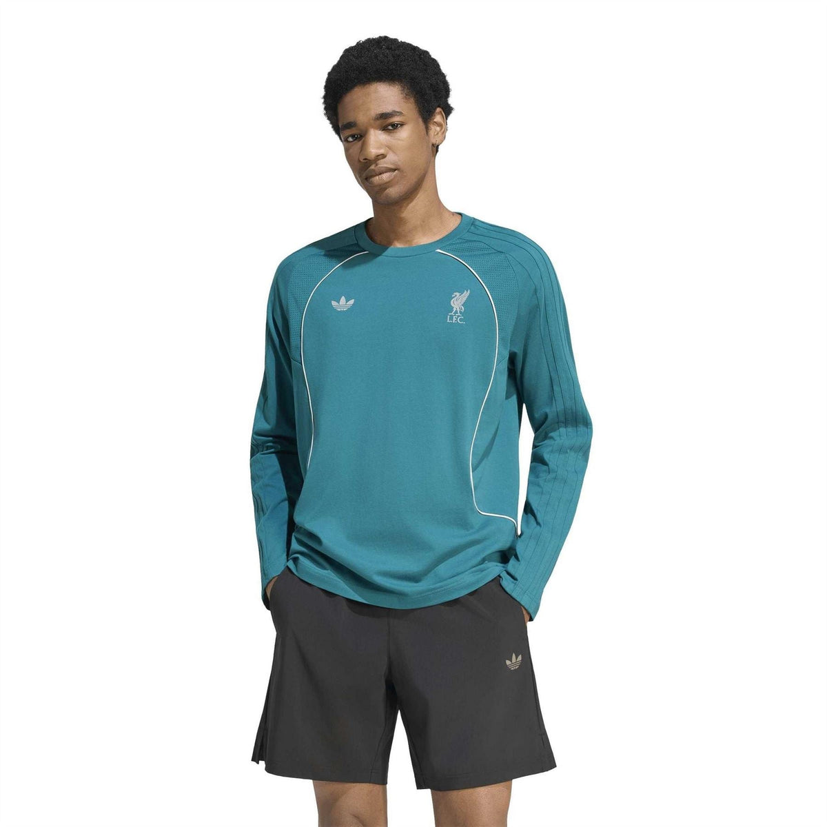 Teal raglan crewneck T-shirt with white adidas trefoil and LFC logos, long sleeves