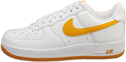 Men's Nike Air Force 1 Low sneakers, white leather with yellow swoosh and gum sole