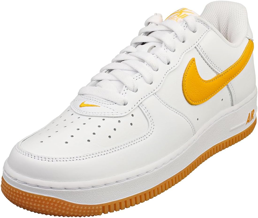 Men's Nike Air Force 1 Low front view, white leather with yellow swoosh and lace-up