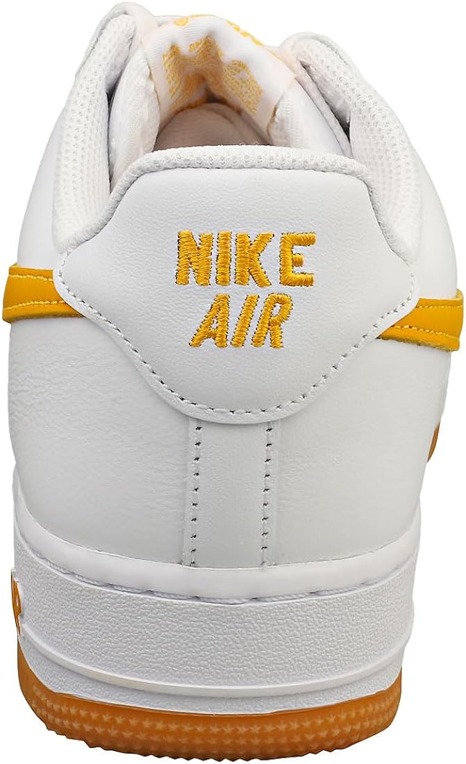 Men's Nike Air Force 1 Low back view, white heel tab with 'NIKE AIR' in yellow