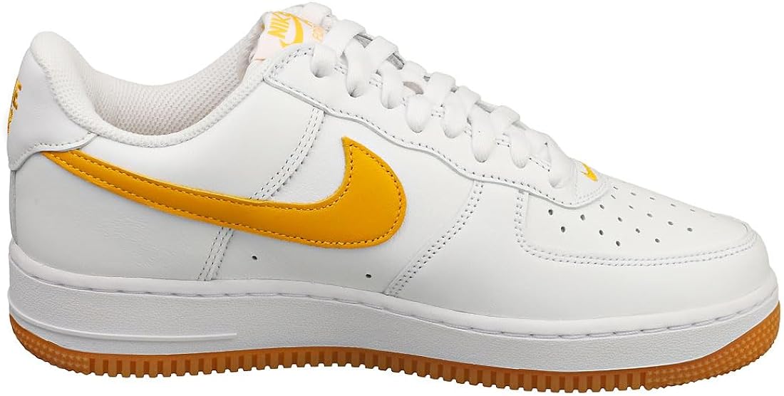 Men's Nike Air Force 1 Low side view, white upper with yellow swoosh and gum outsole