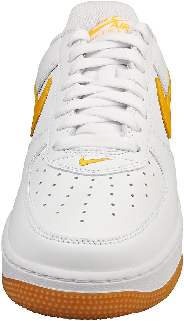 Men's Nike Air Force 1 Low top view, white laces with yellow heel accents