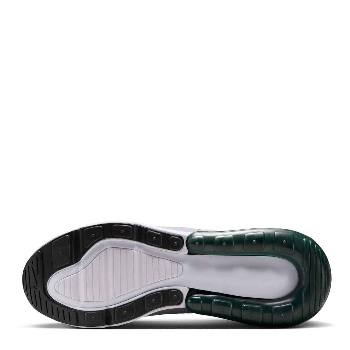 Nike Air Max 270 trainers outsole view with dark tread and green air unit