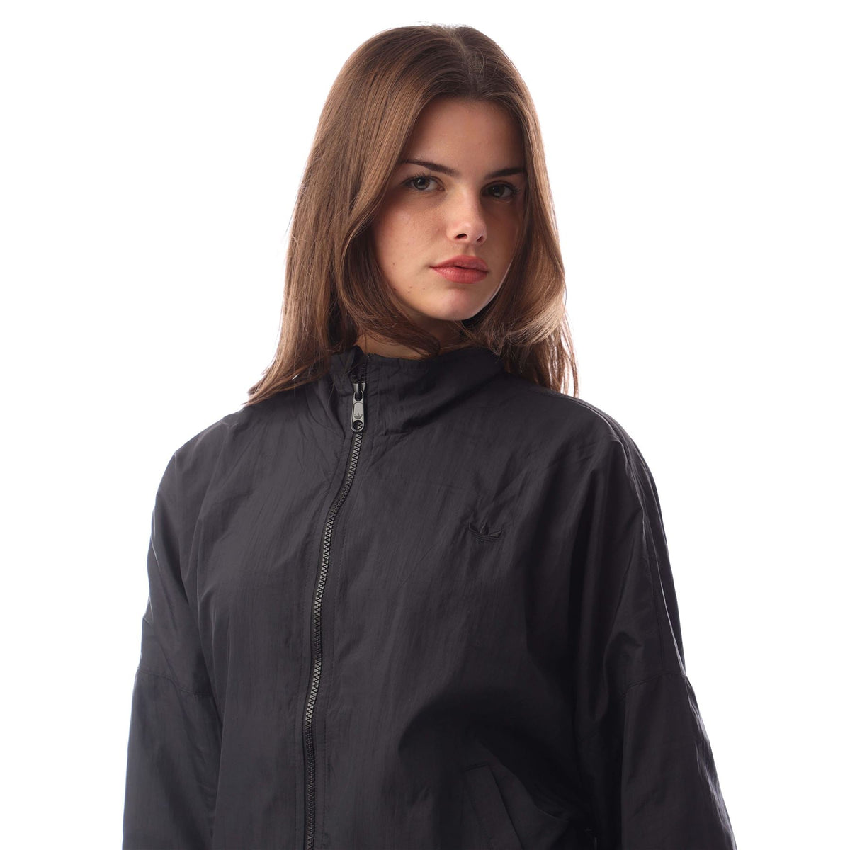 Black nylon track jacket, front zipper and high collar detail