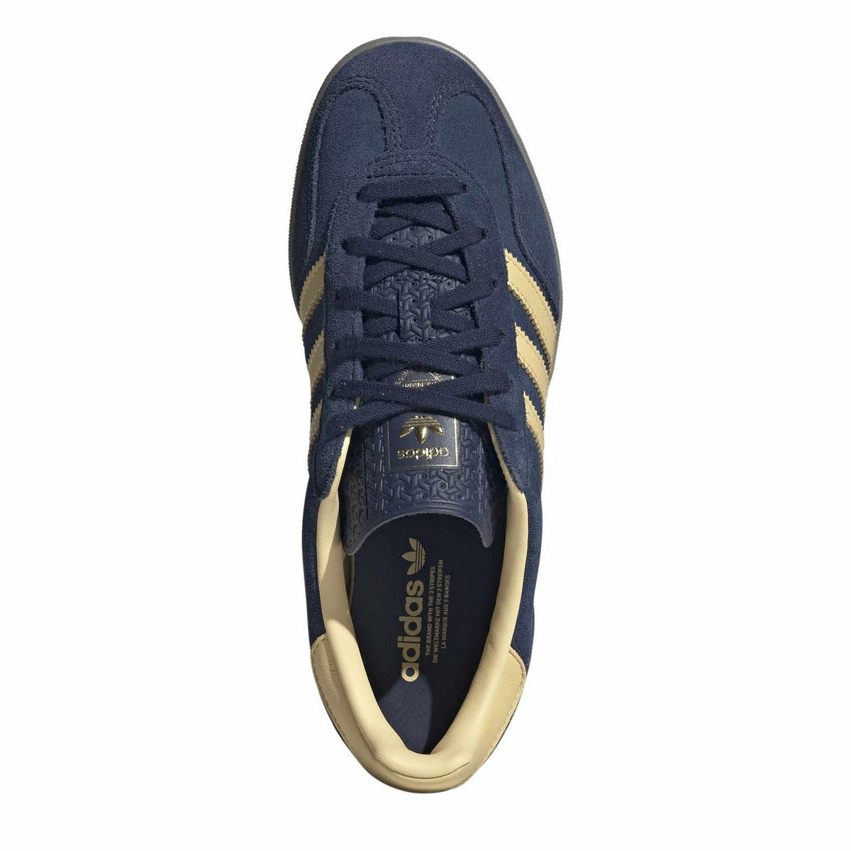 Navy adidas Gazelle sneaker with lace-up front and gold-toned insole lining
