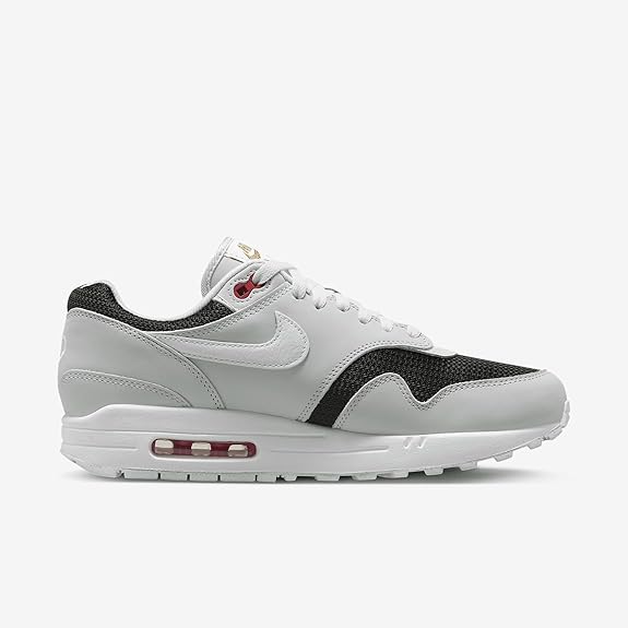 Nike Air Max 1 PRM men's sneaker, white upper with black side panels and red air unit