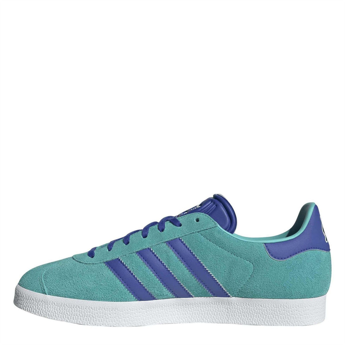 adidas Gazelle suede trainers, side view: teal upper, purple stripes and laces, white sole