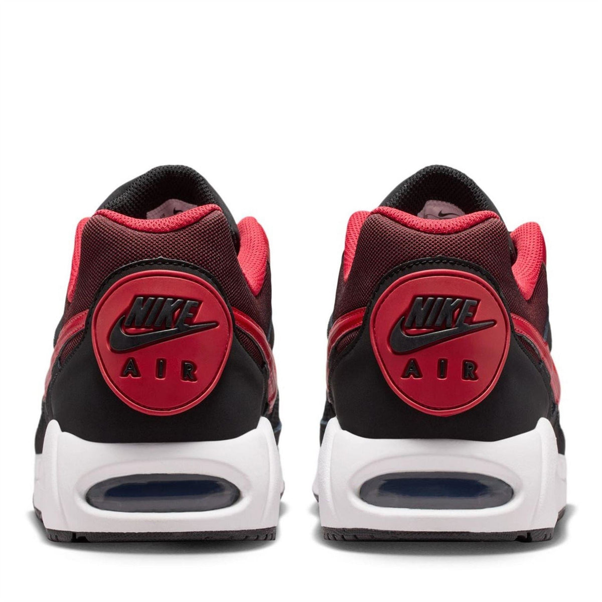 Air Max Ivo trainers heel view in black with red NIKE AIR badge and white air sole