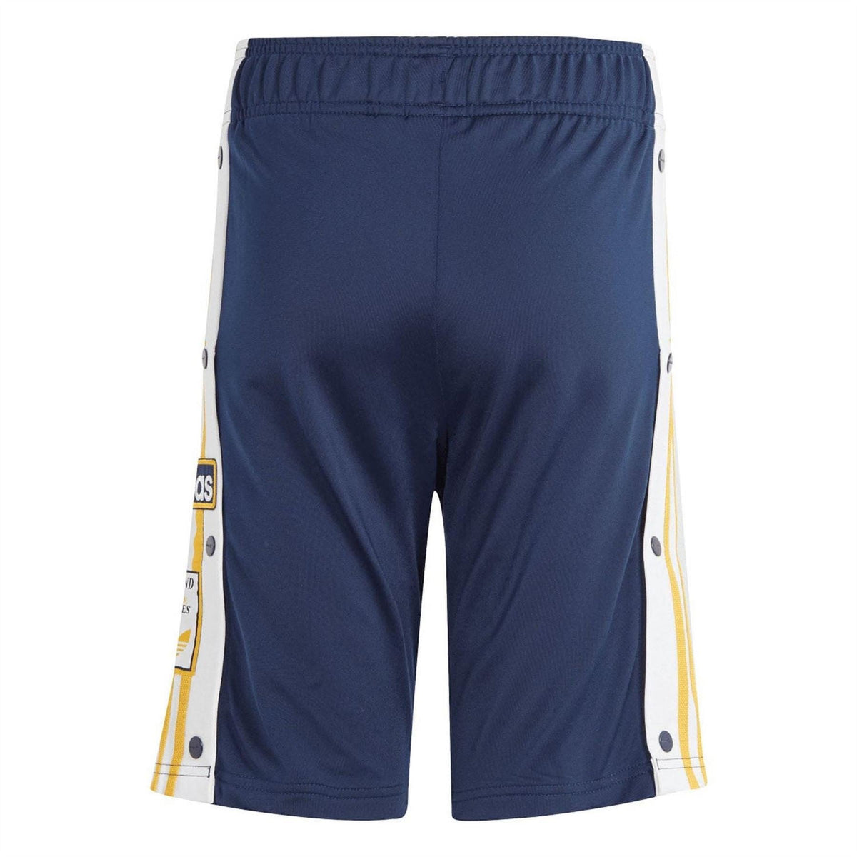 adidas Originals indigo shorts with elastic waist and white/yellow side stripe panels