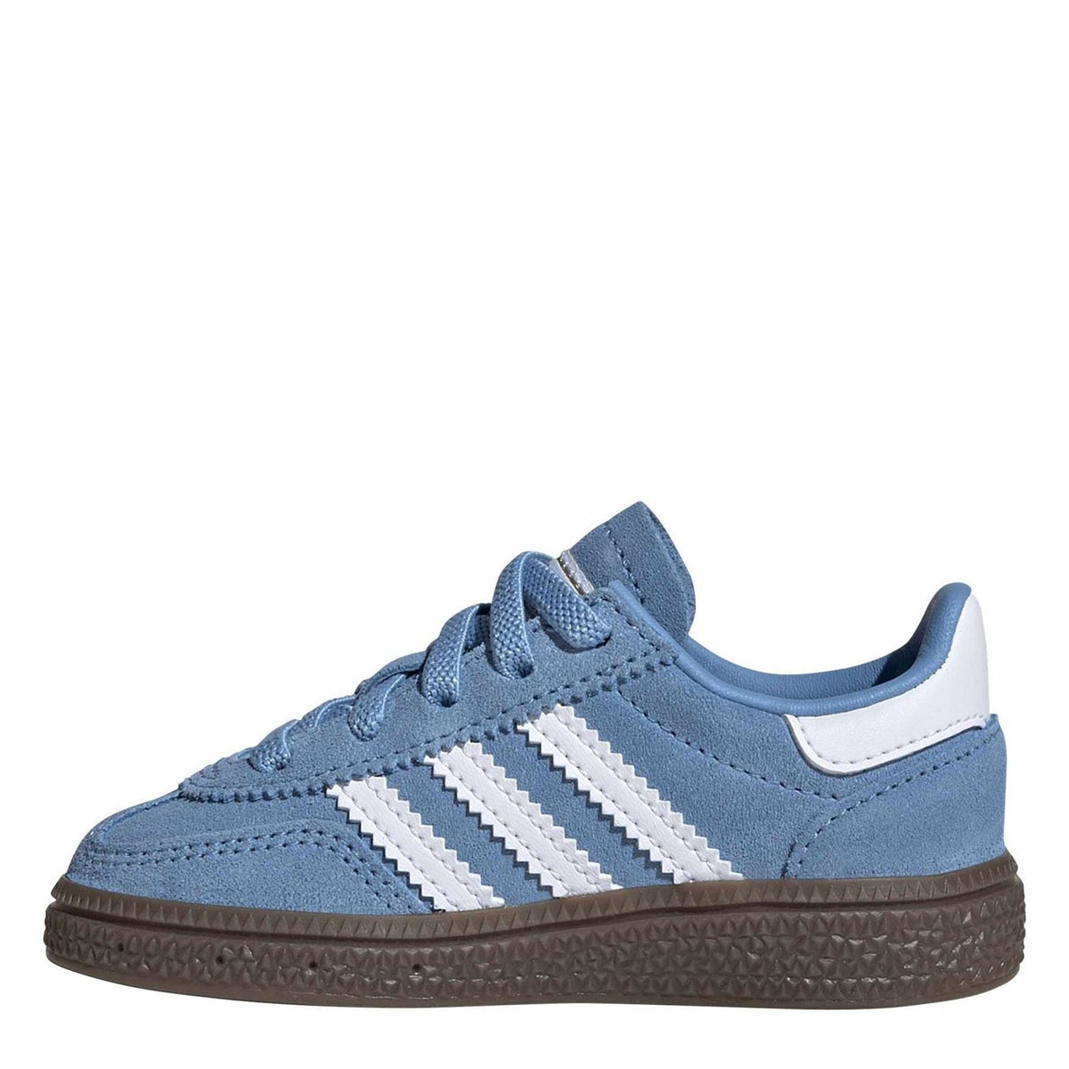 Light blue adidas low-top sneakers with white stripes, strap detail, brown sole