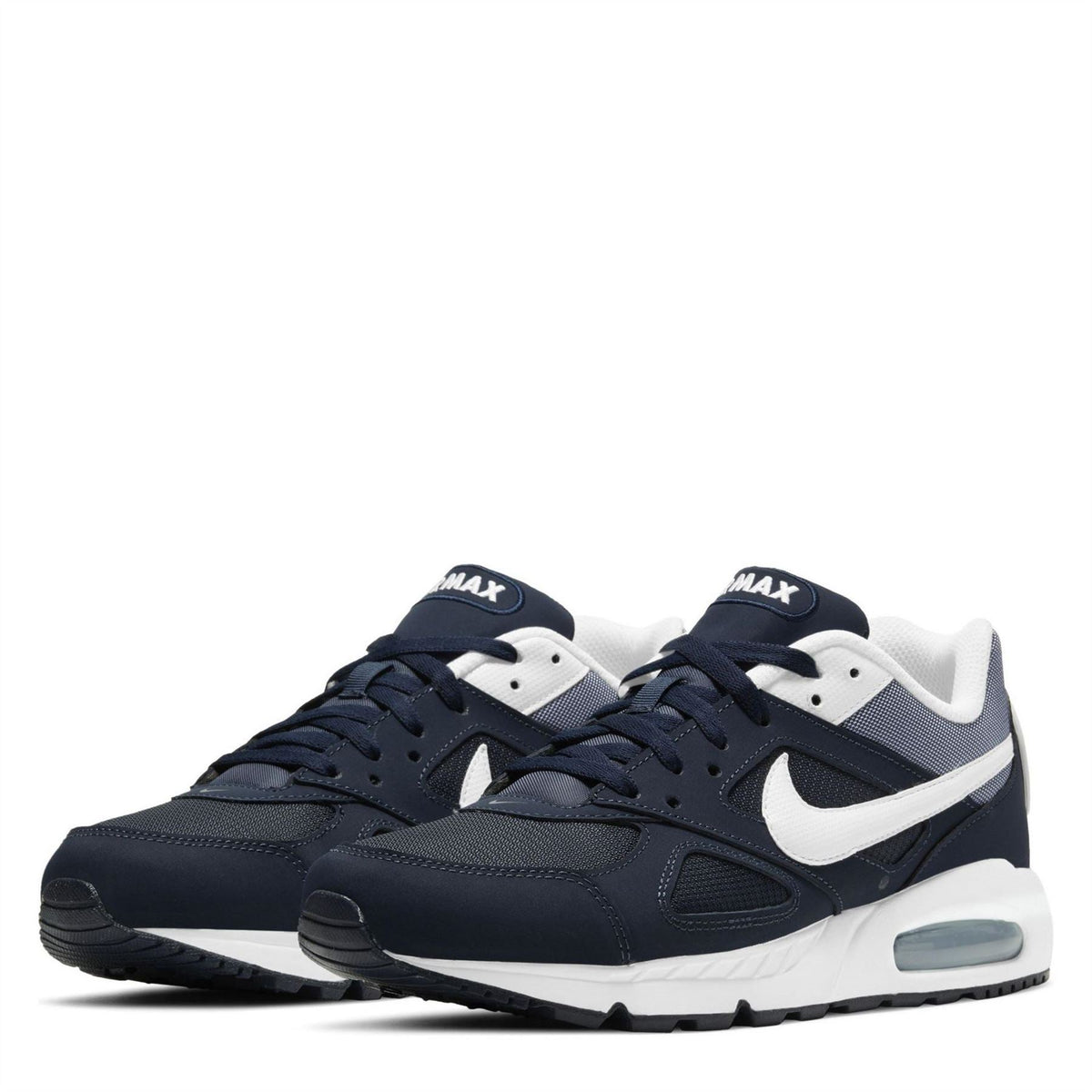 Navy Nike Air Max sneakers, pair view, white swoosh and air-cushion sole