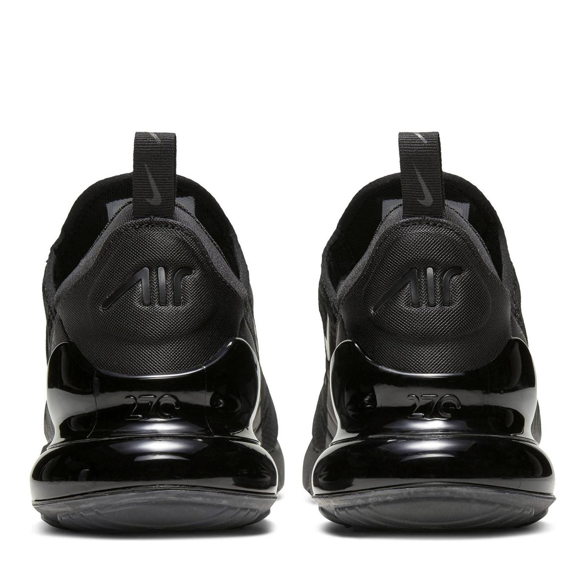 Men's Nike Air Max 270 trainers heel view, black with '270' branding