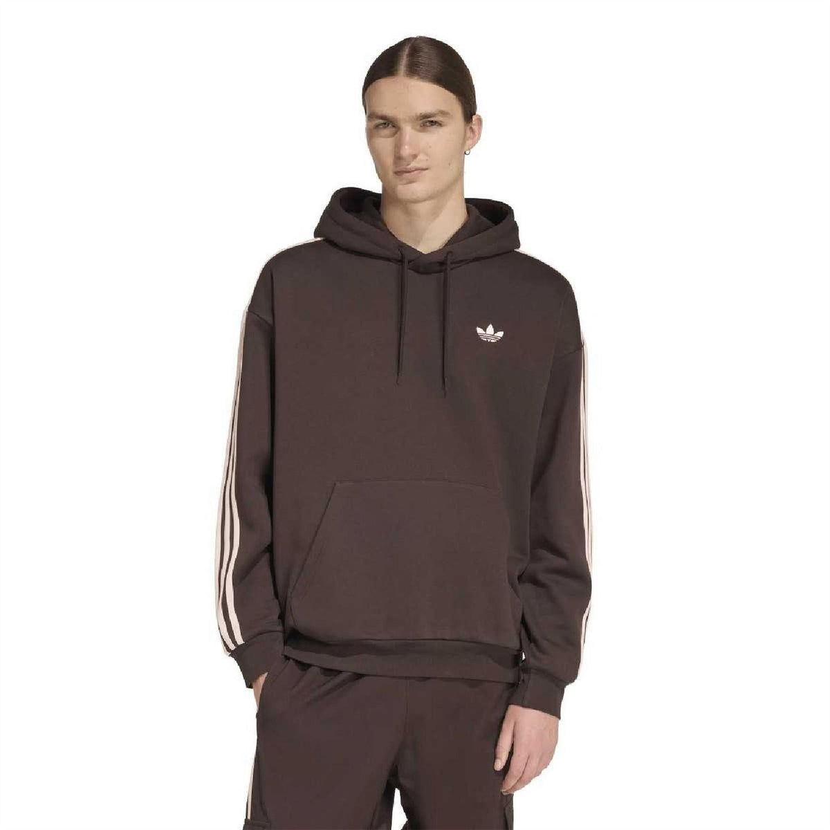 Dark brown pullover hoodie with kangaroo pocket, drawstring hood, and white sleeve stripes