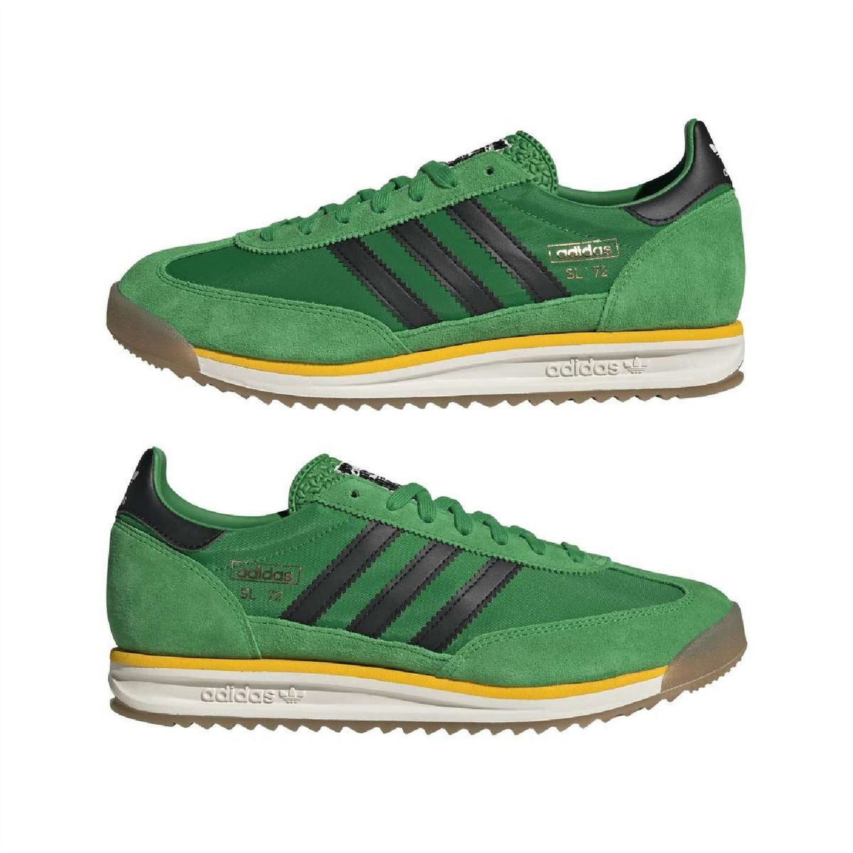 Pair of green adidas Originals SL 72 RS trainers with three stripes and gum sole