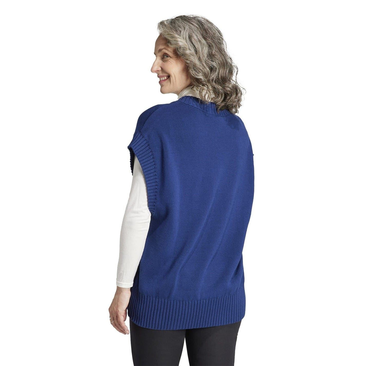Blue ribbed knit gilet, V-neck back view with smooth knit panels