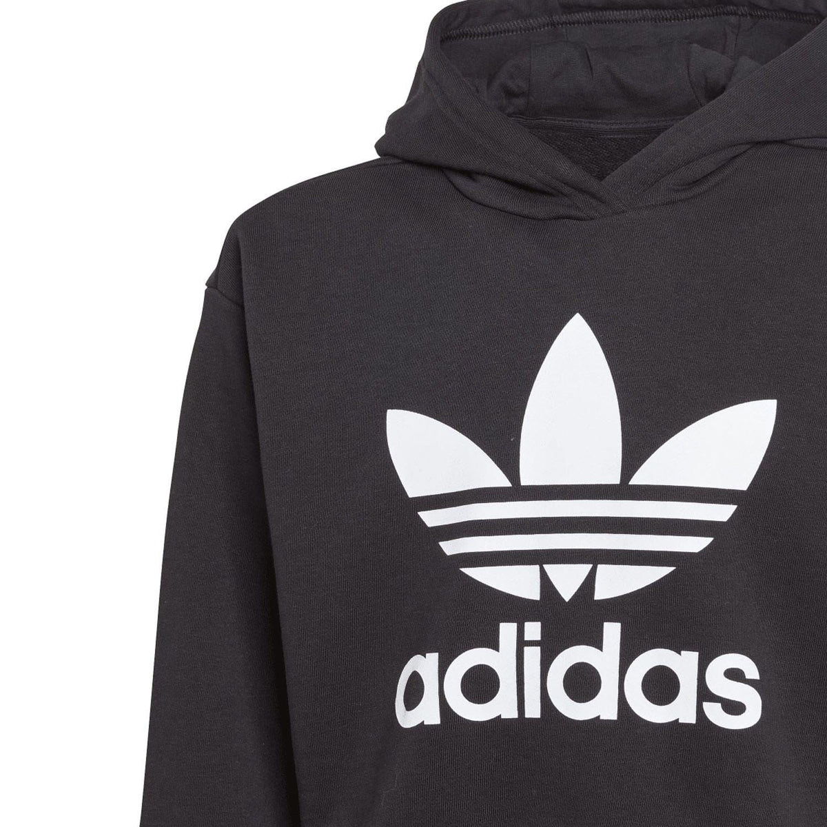 Black cropped hoodie with large adidas trefoil and logo print on chest.