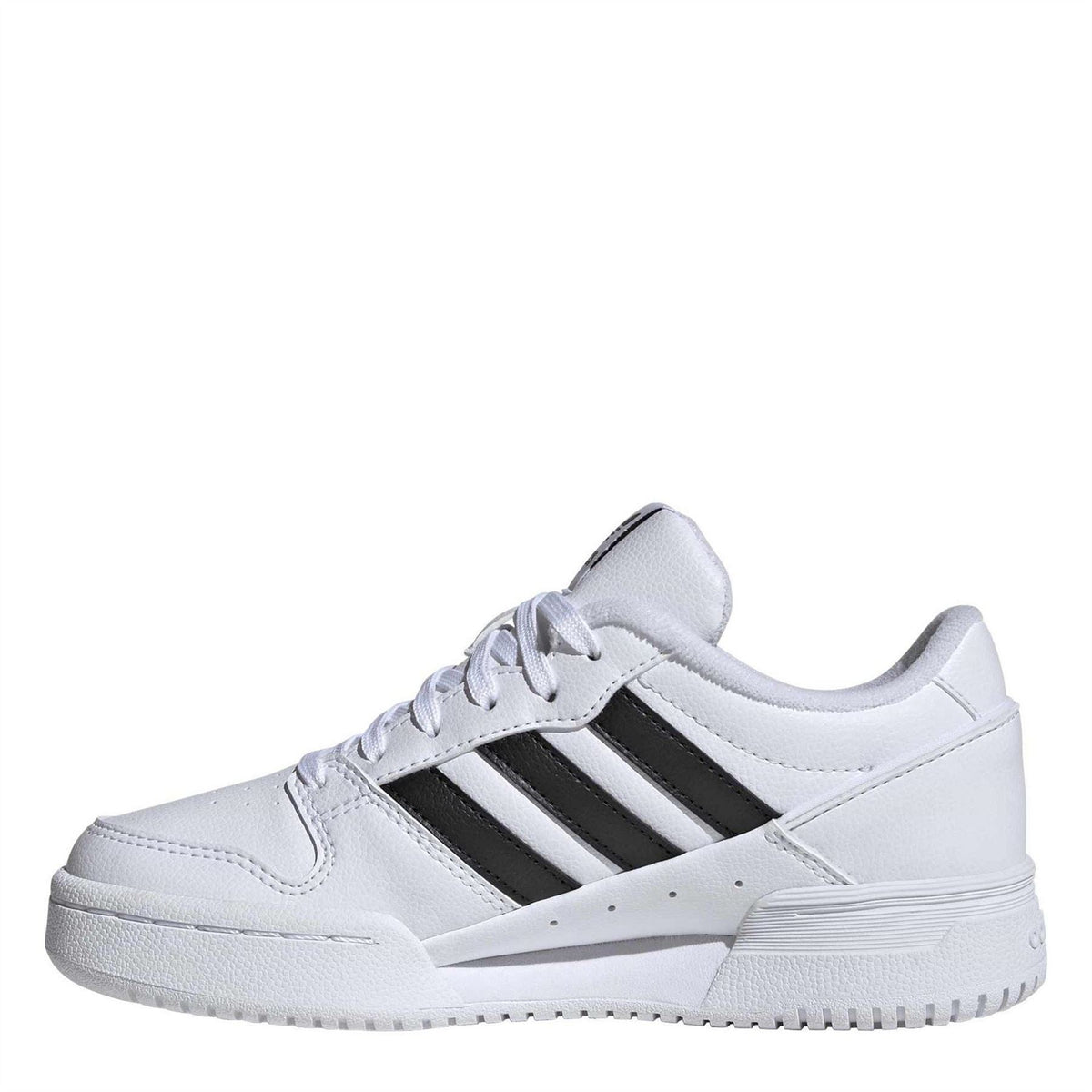 Kids' white adidas court trainers with black side stripes and padded collar