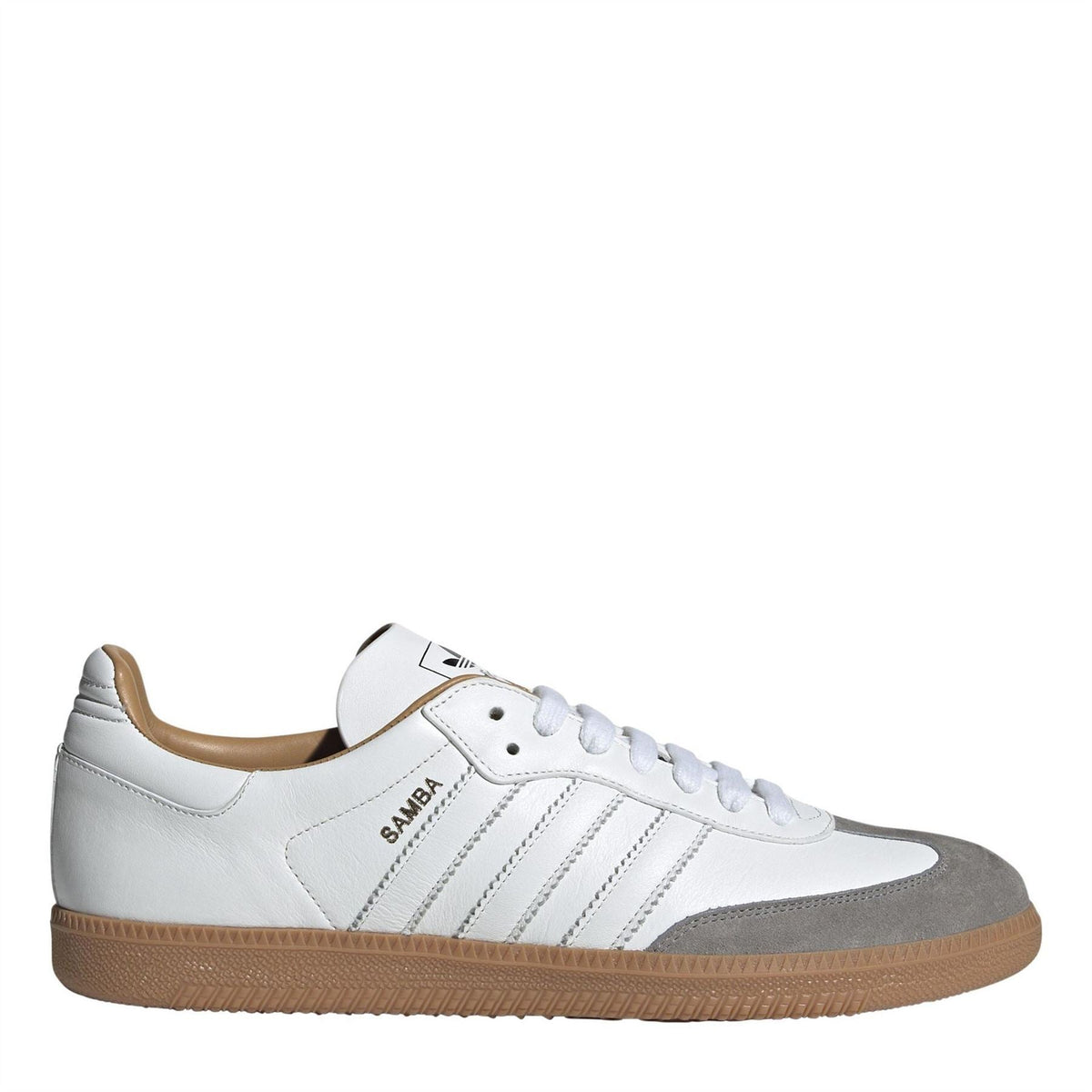 White and gray low-top leather sneakers with gum rubber sole, lace-up design