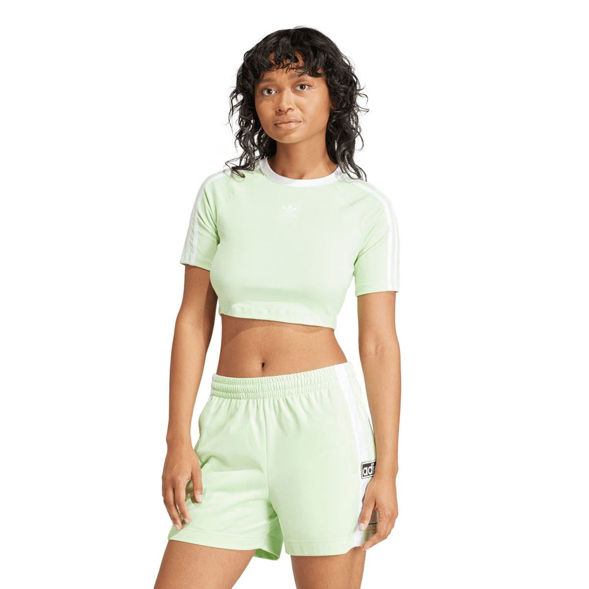 Pale green baby T-shirt with adidas 3-stripe sleeves, crew neck