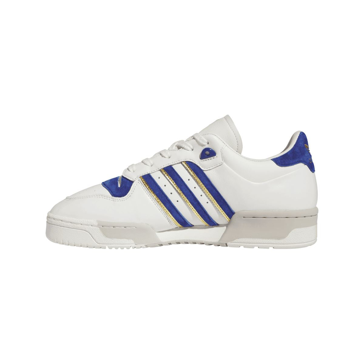 adidas Rivalry 86 low-top trainers, white upper with blue and gold three-stripe detail