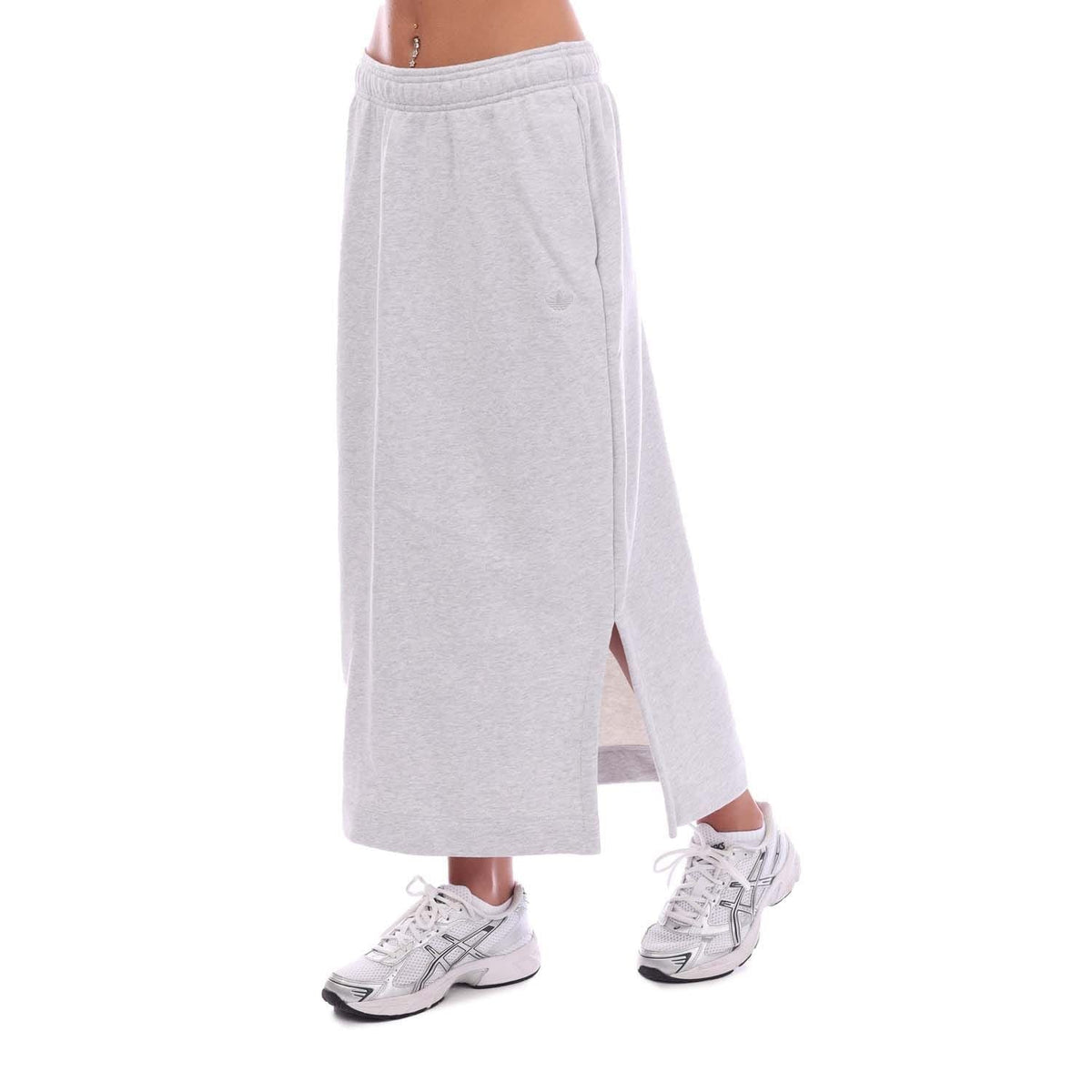 Light grey midi skirt with elastic waistband and side slit hem