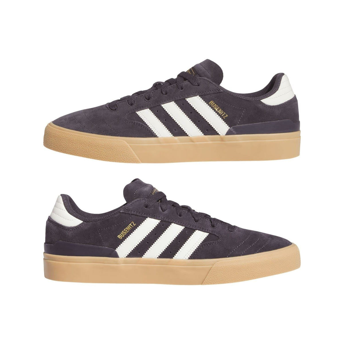 Pair of dark suede skate trainers with three white stripes and gum rubber soles