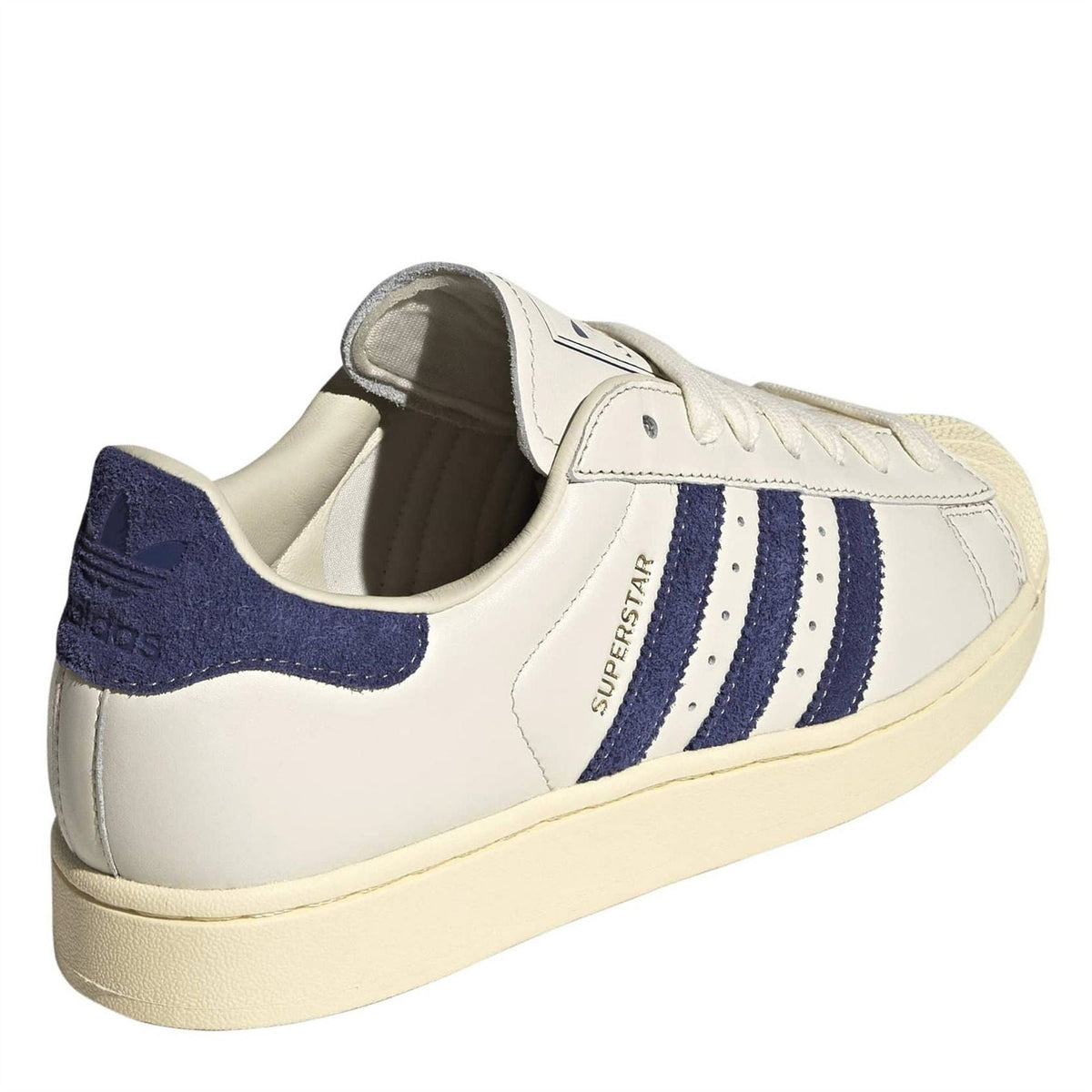 White and navy adidas Originals Superstar II sneakers, rear quarter view with heel tab