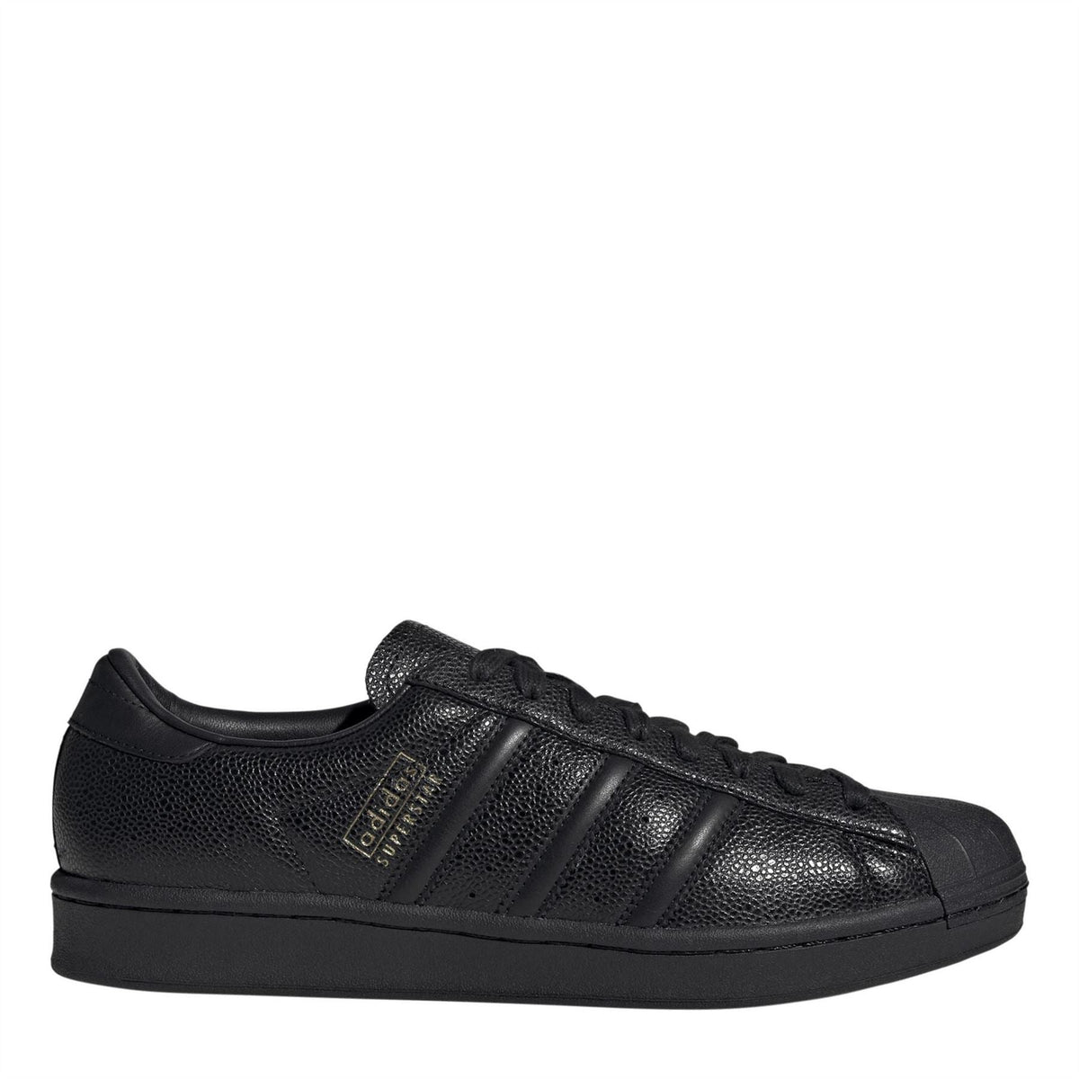 Black leather-effect low-top sneakers with three stripe detailing and lace-up closure