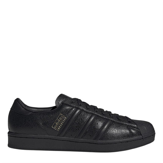 Black leather-effect low-top sneakers with three stripe detailing and lace-up closure