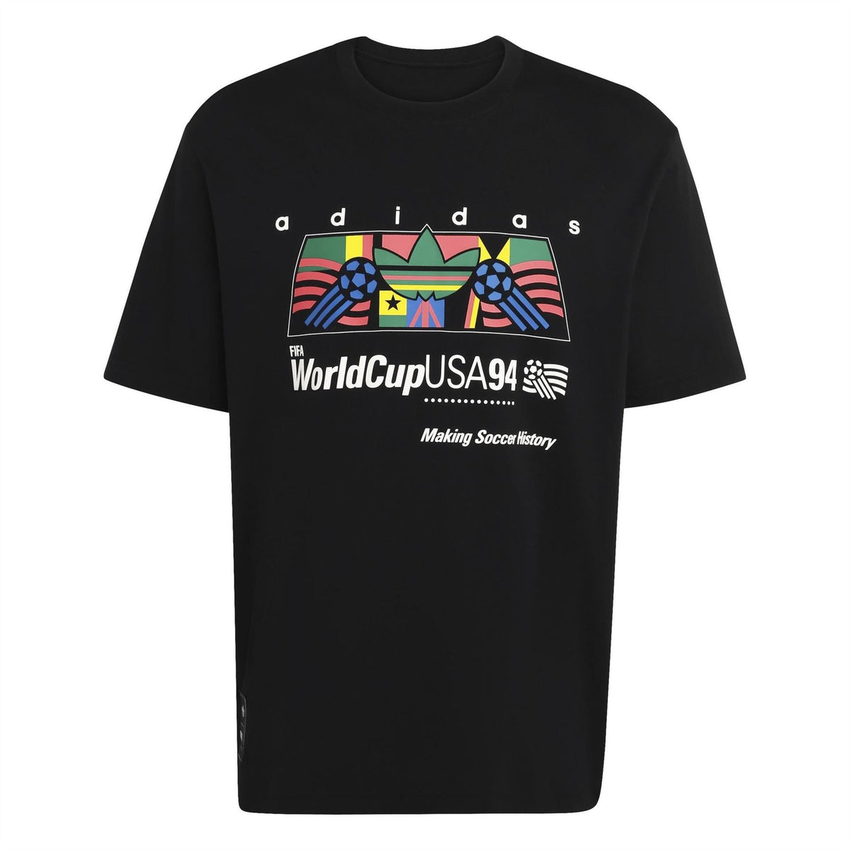 Black crew-neck T-shirt with adidas and WorldCupUSA94 front graphic print