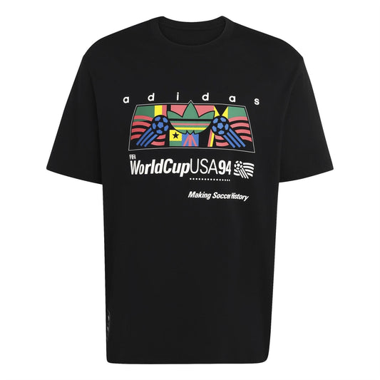 Black crew-neck T-shirt with adidas and WorldCupUSA94 front graphic print