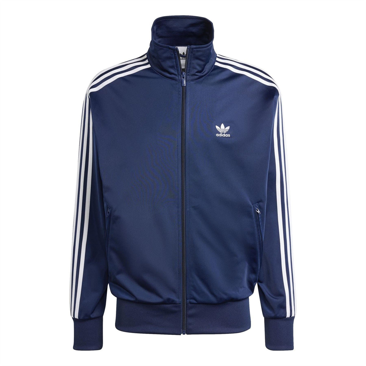 Men's indigo adidas track jacket front view with full zip and white triple stripe panels