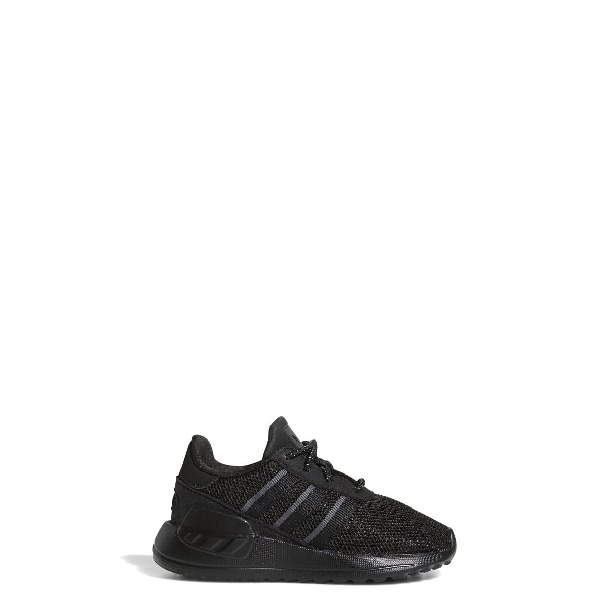 Infant low-top trainers in black with lace-up closure and gray 3-stripe details.