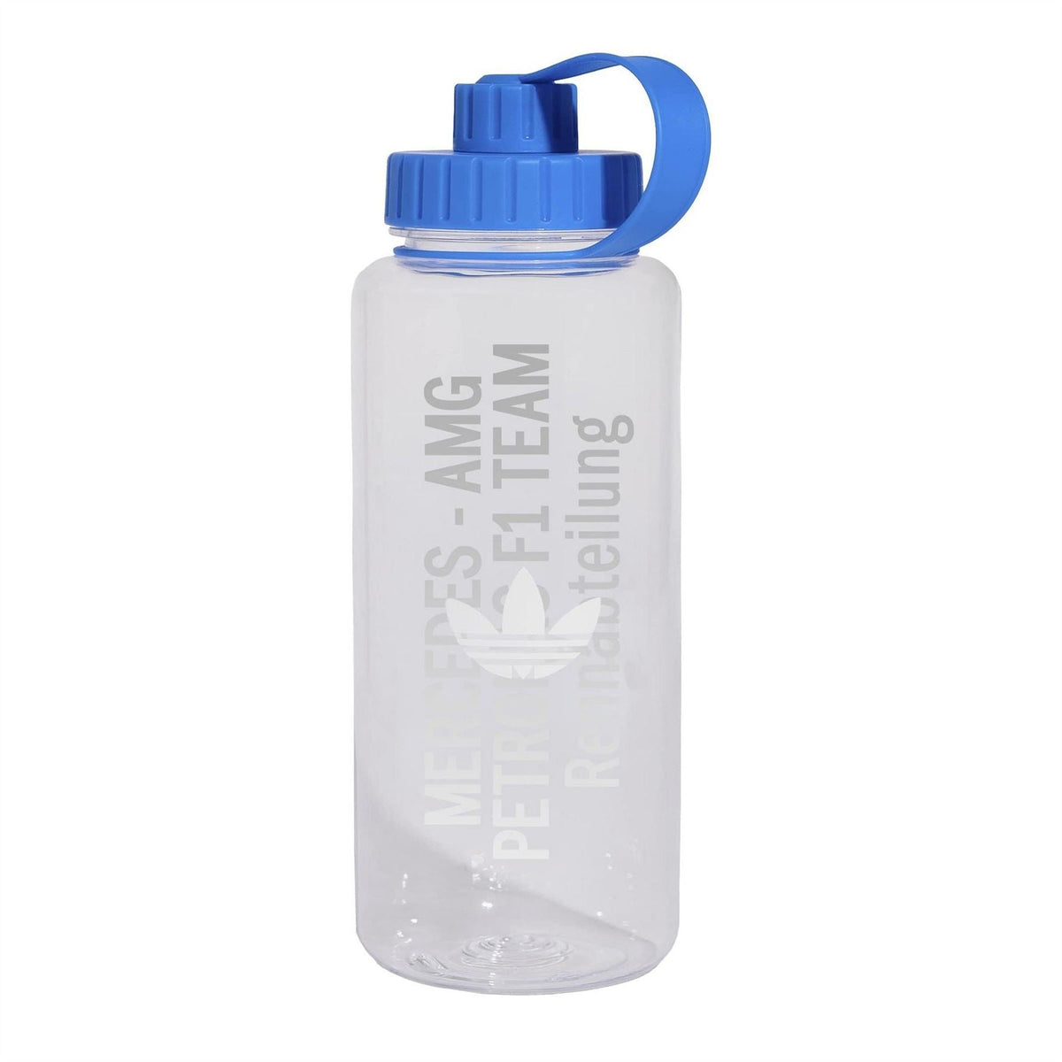 adidas Originals clear water bottle with blue flip-top cap and handle