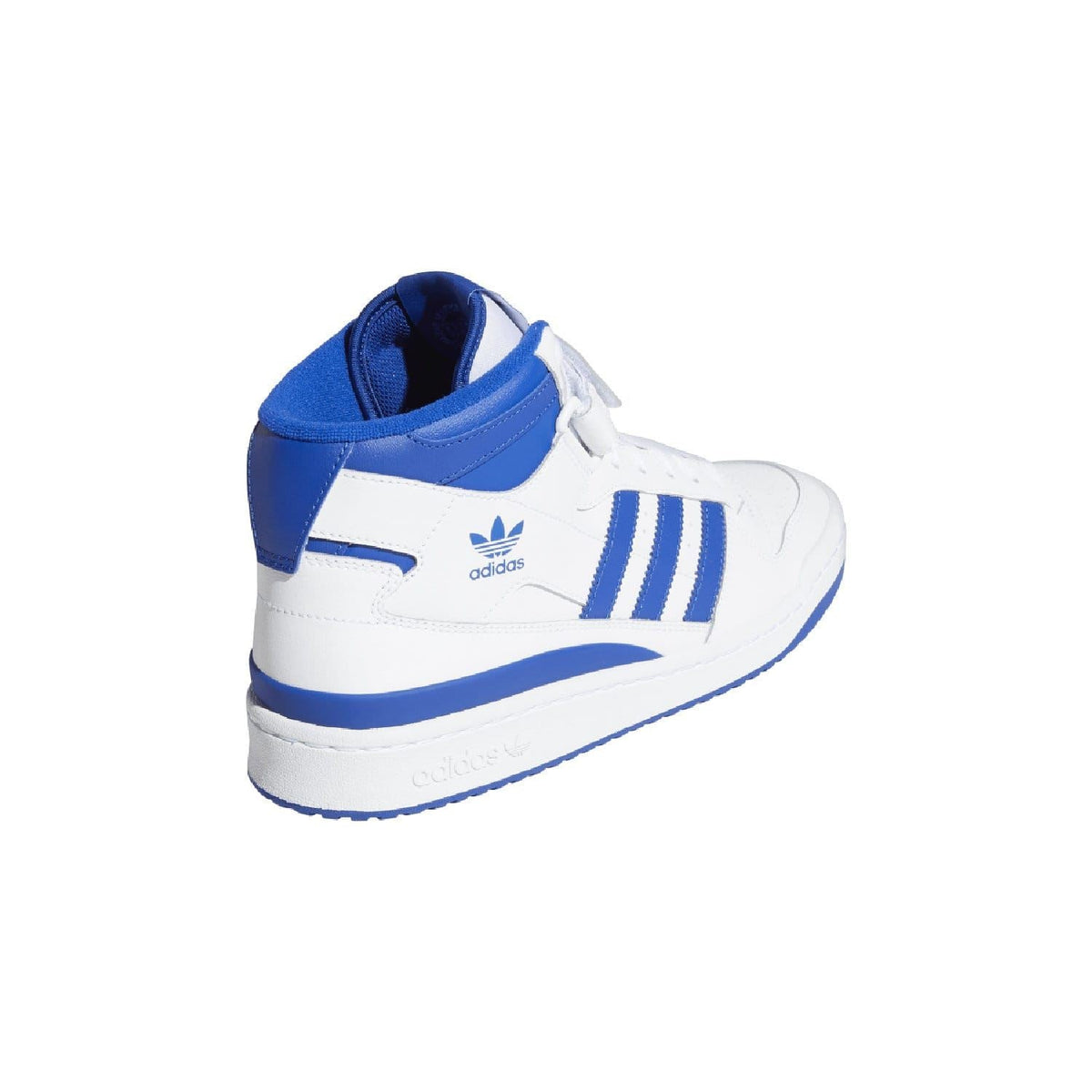 White and blue mid-top trainers from heel side with blue collar