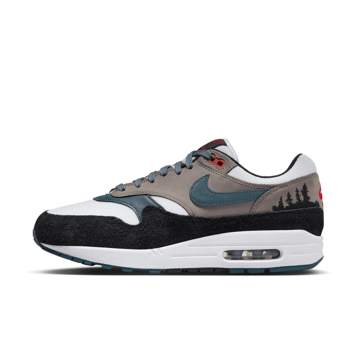 Men's low-top sneakers with white base, teal accents, black suede panel, Air Max sole