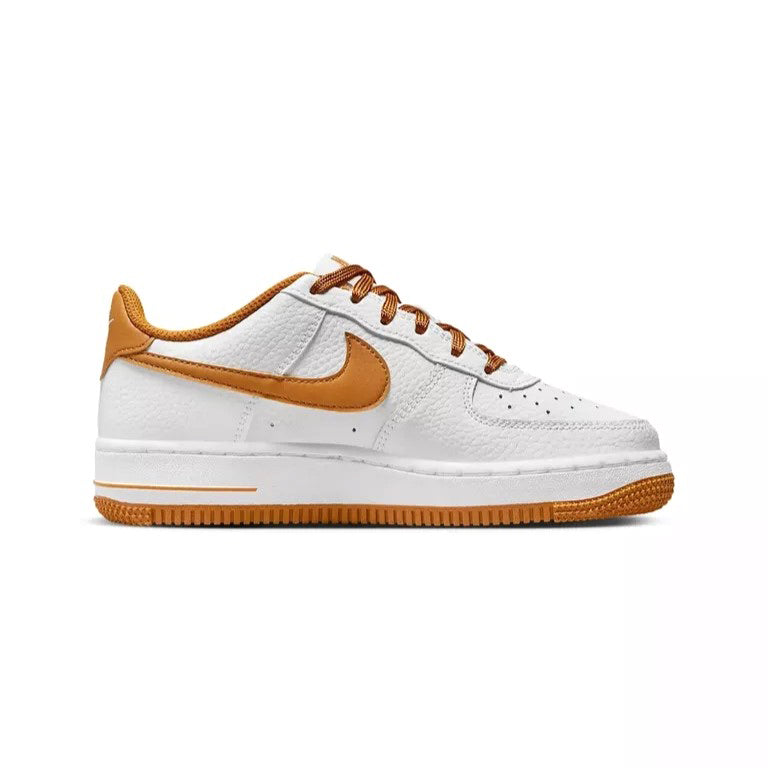 Kids' Nike Air Force 1 BG sneaker side view, white upper with tan Swoosh and trim