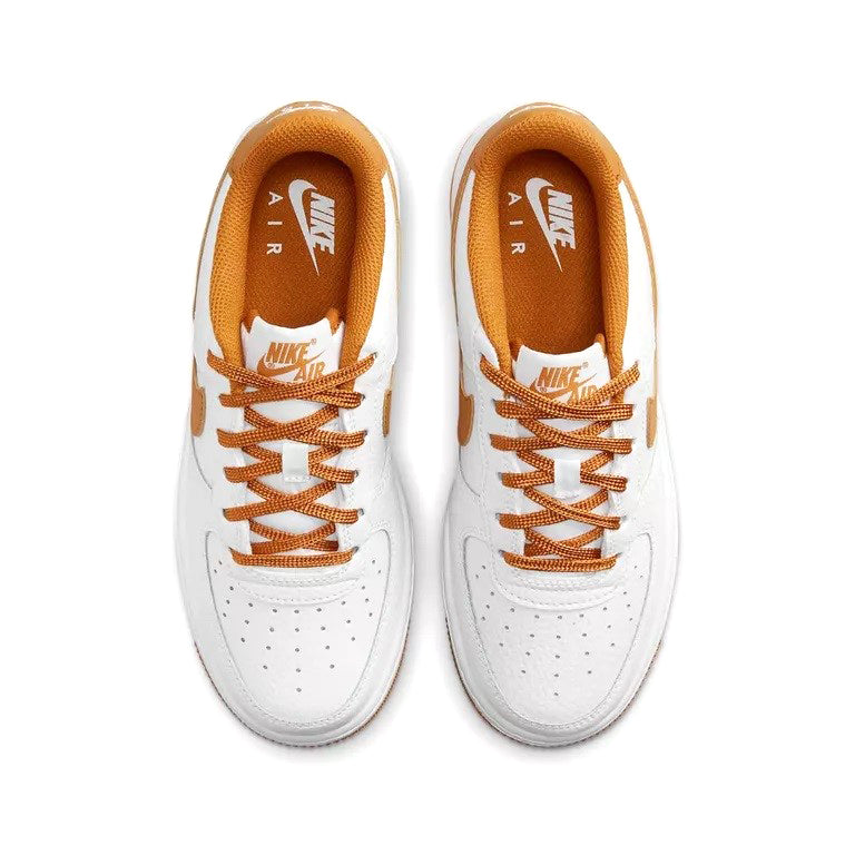 Kids' Nike Air Force 1 BG shoes, white uppers with tan lining and orange lace-up
