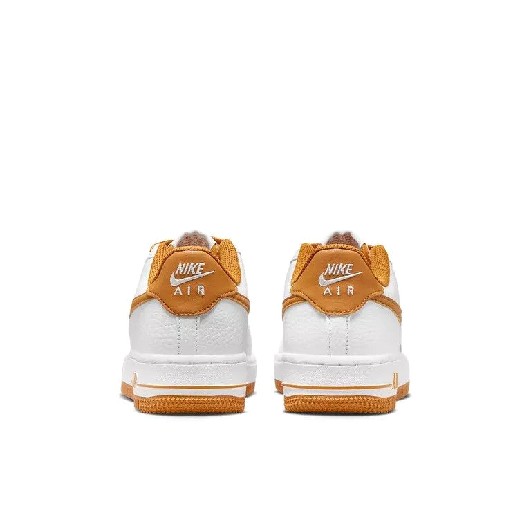 Kids' Nike Air Force 1 BG heel view, white leather with tan pull tabs and laces