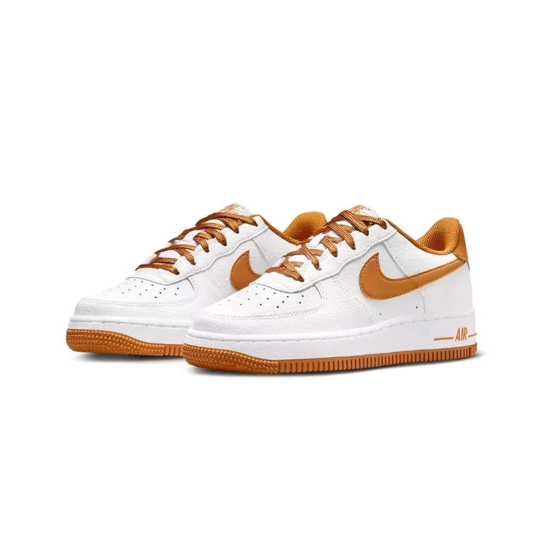 Kids' Nike Air Force 1 BG low-top sneaker pair, white leather with tan accents