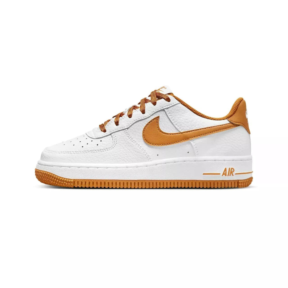 Kids' Nike Air Force 1 BG sneaker, white leather with tan suede overlays and laces