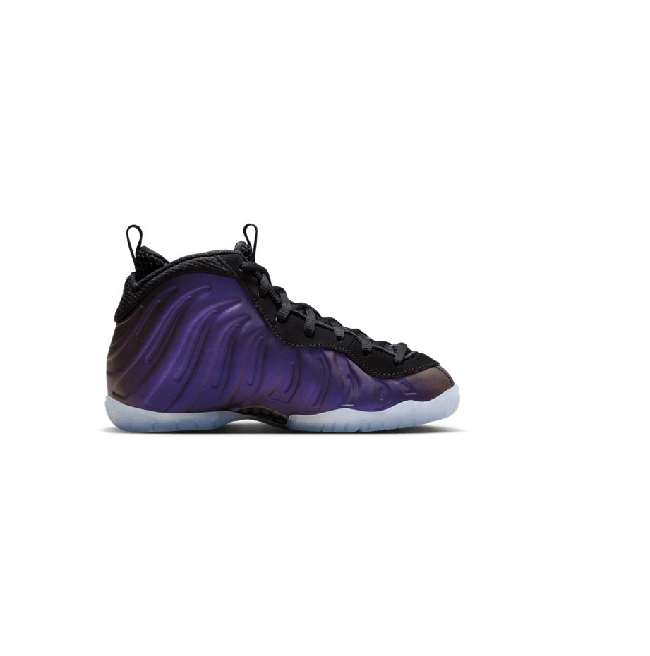 Nike kids high-top sneakers in black and purple with light-blue sole, side view