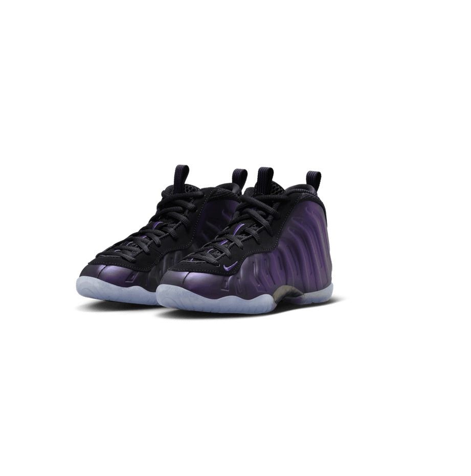 Pair of Nike kids high-top sneakers, black laces, purple upper, light-blue sole