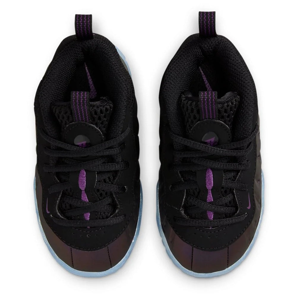 Toddler sneakers top view: black mesh upper with purple lace accents