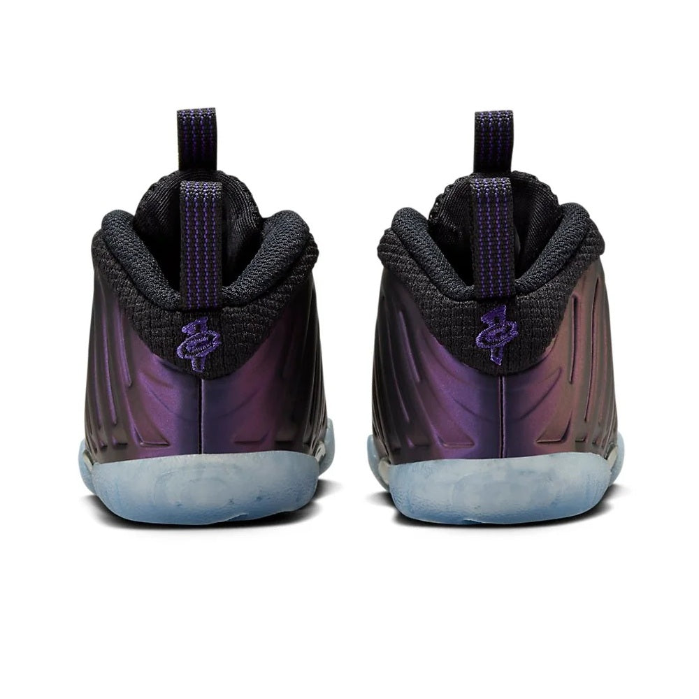 Toddler sneakers back view: black uppers, dark purple heel details, blue outsole