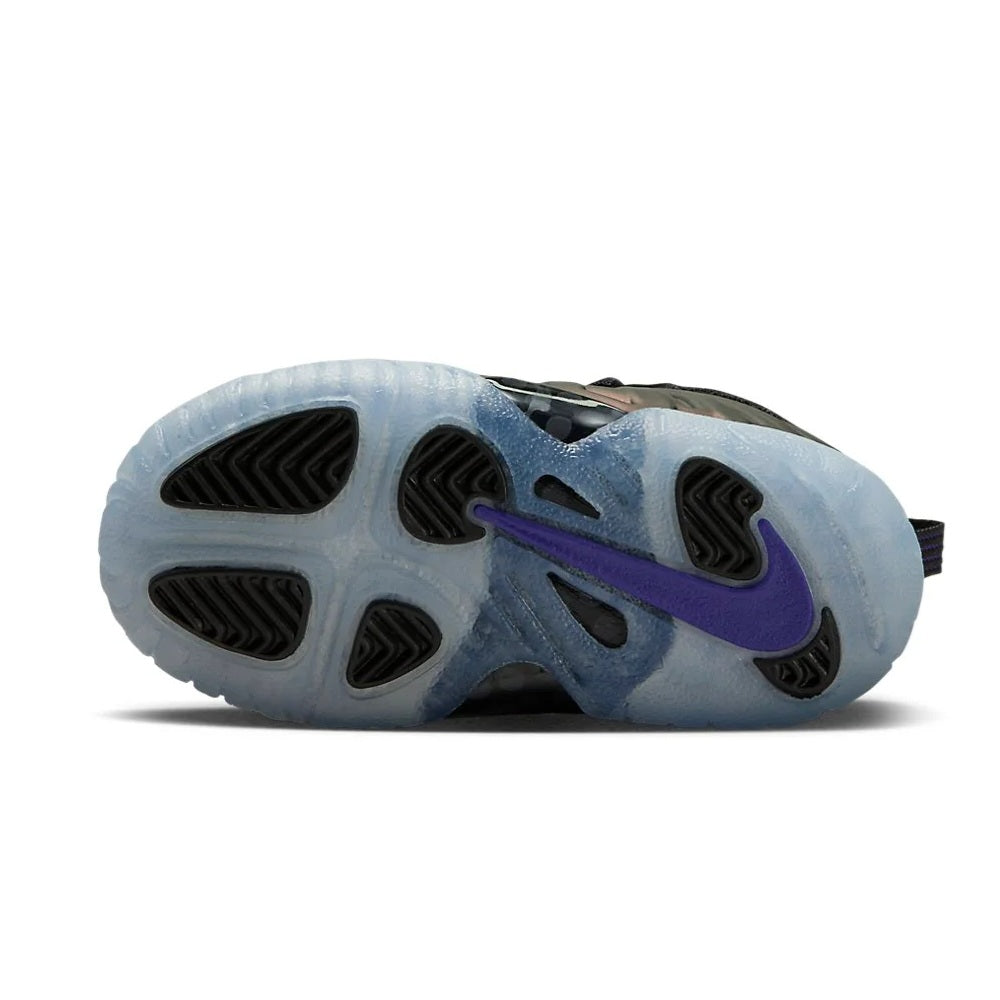 Toddler sneaker outsole view: light blue traction rubber with purple detail