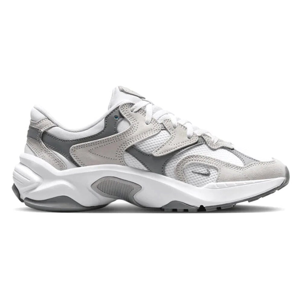 Women's Nike AL8 sneakers, white mesh upper with metallic silver and gray overlays.