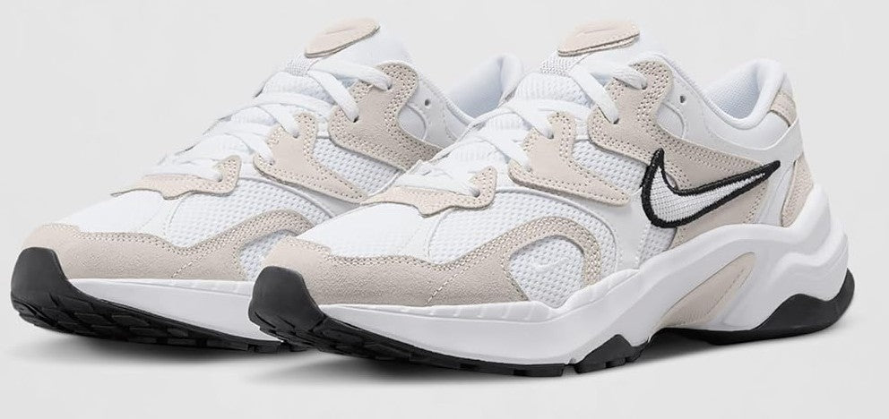 Women's Nike sneakers, white uppers with beige overlays and black swoosh